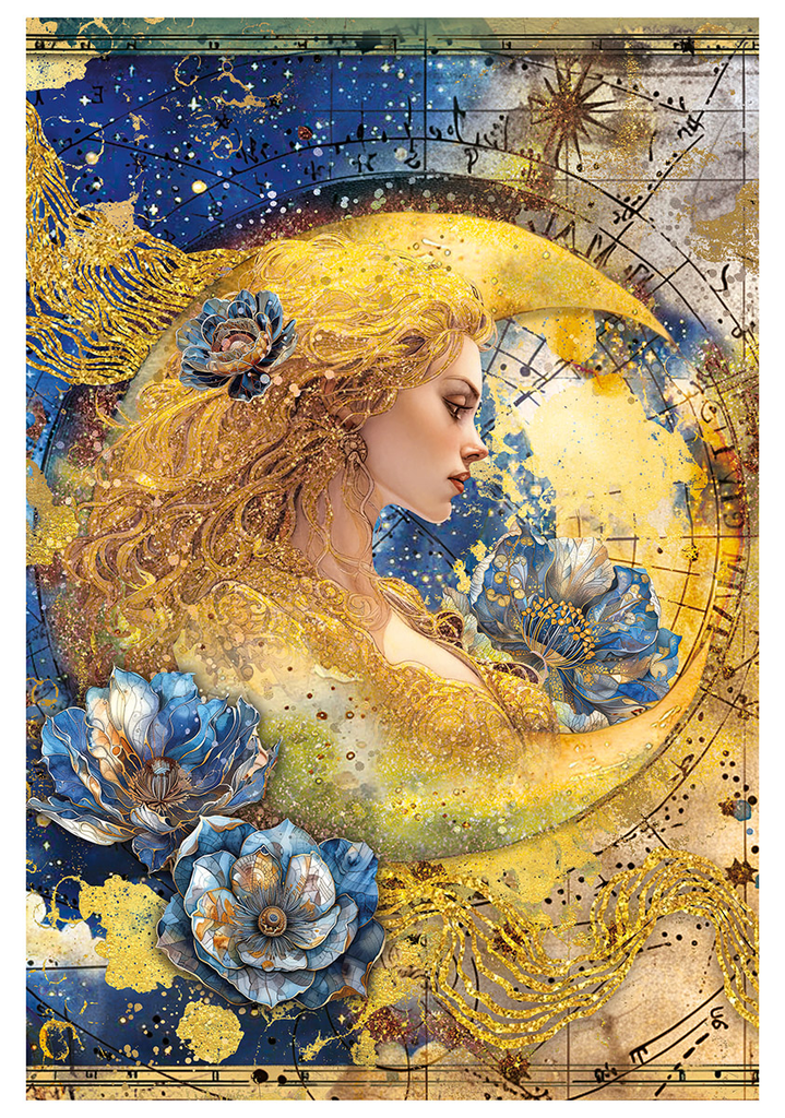Blue flowers moon and gears celestial themed rice paper