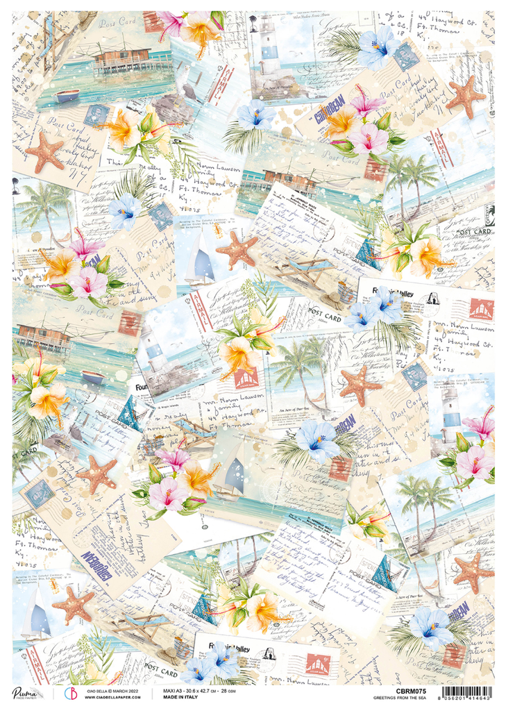 palm trees starfish and tropical flowers on postcard background rice paper from Ciao Bella