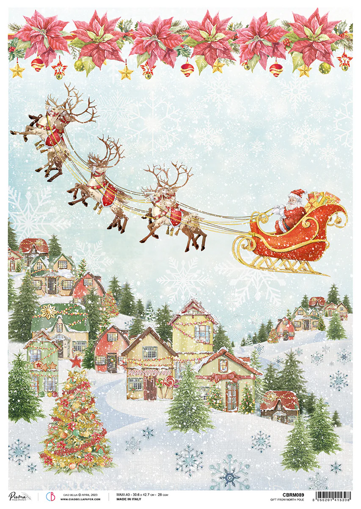 reindeer pulling red sleigh with Santa over snowy town rice paper from Ciao Bella