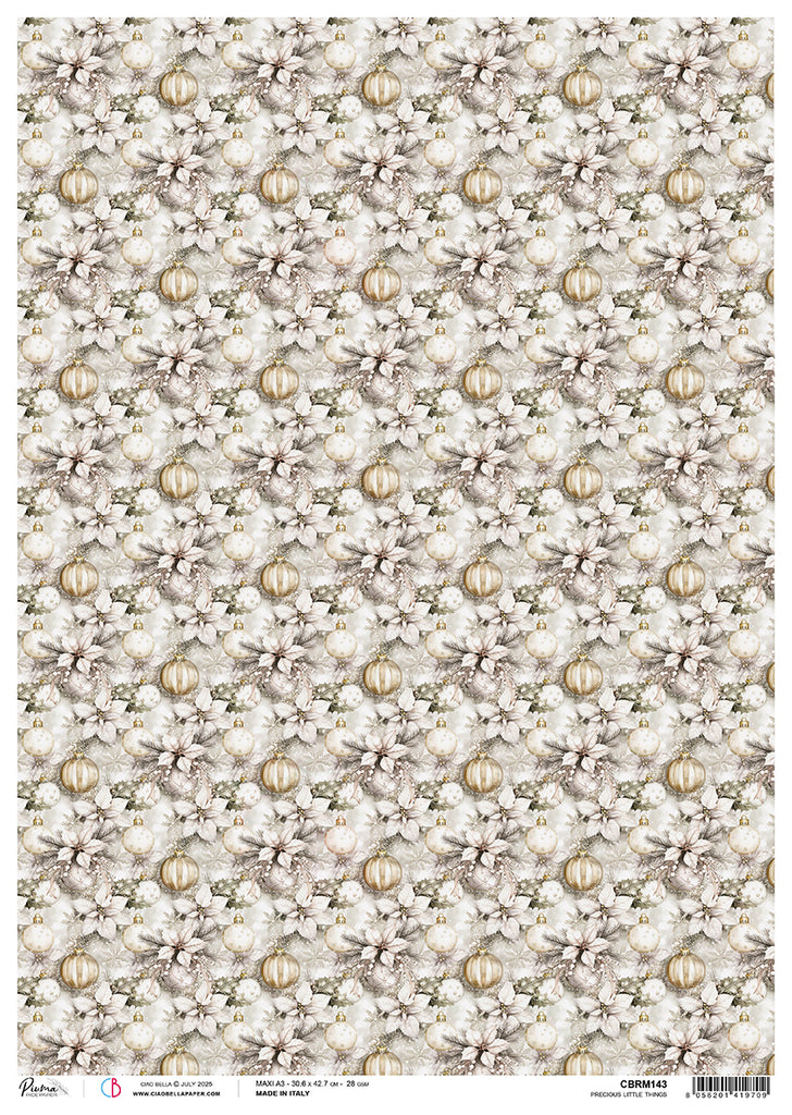 Patterned paper with floral and decorative elements, featuring a brand label at the bottom.