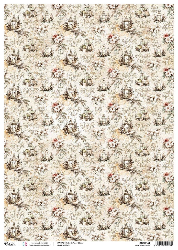Patterned paper with small illustrations of houses and flowers on a beige background