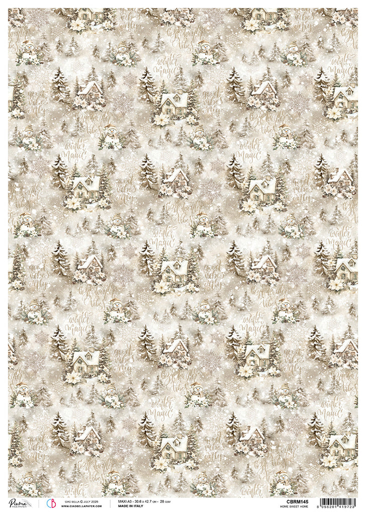 Patterned paper with winter scene design featuring houses and trees on a beige background.