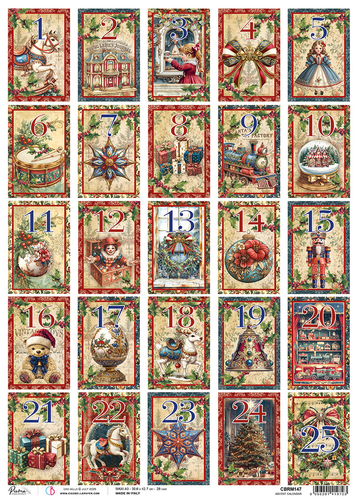 Traditional Christmas advent calendar with numbered doors.
