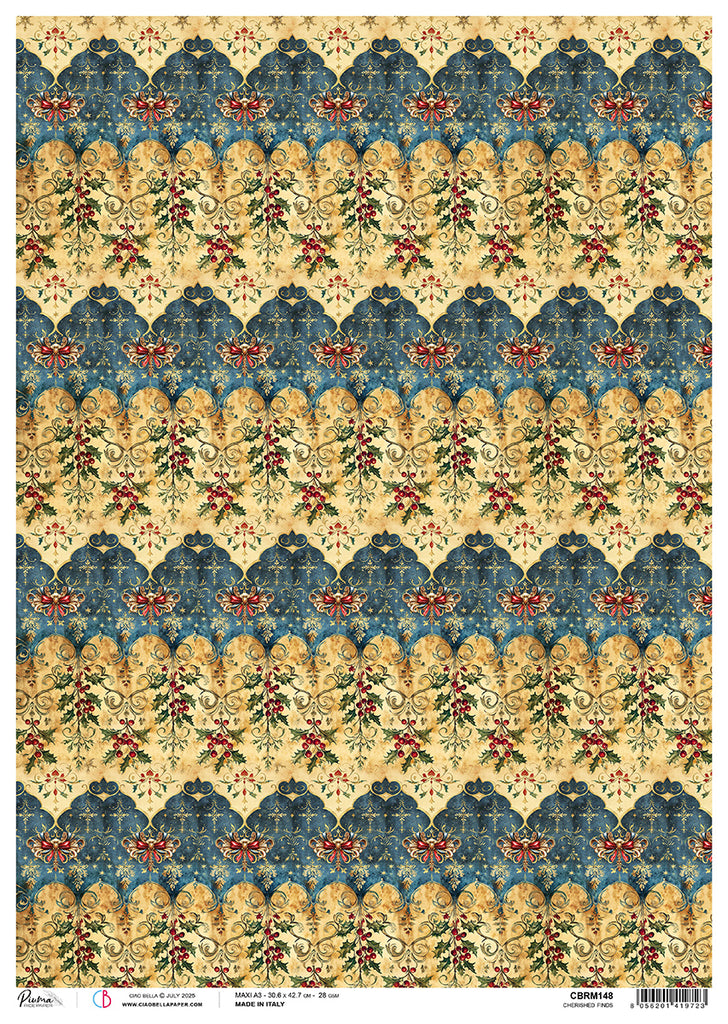Decorative paper with a blue and gold pattern featuring floral and leaf designs.