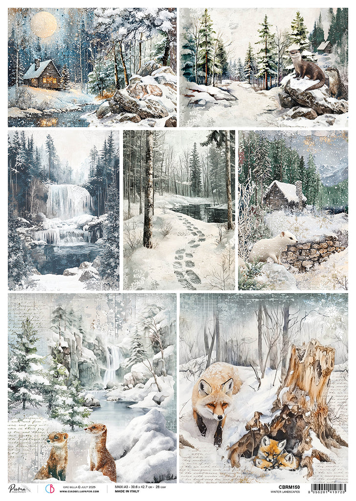 Collage of winter scenes with snow-covered landscapes, animals, and nature elements.