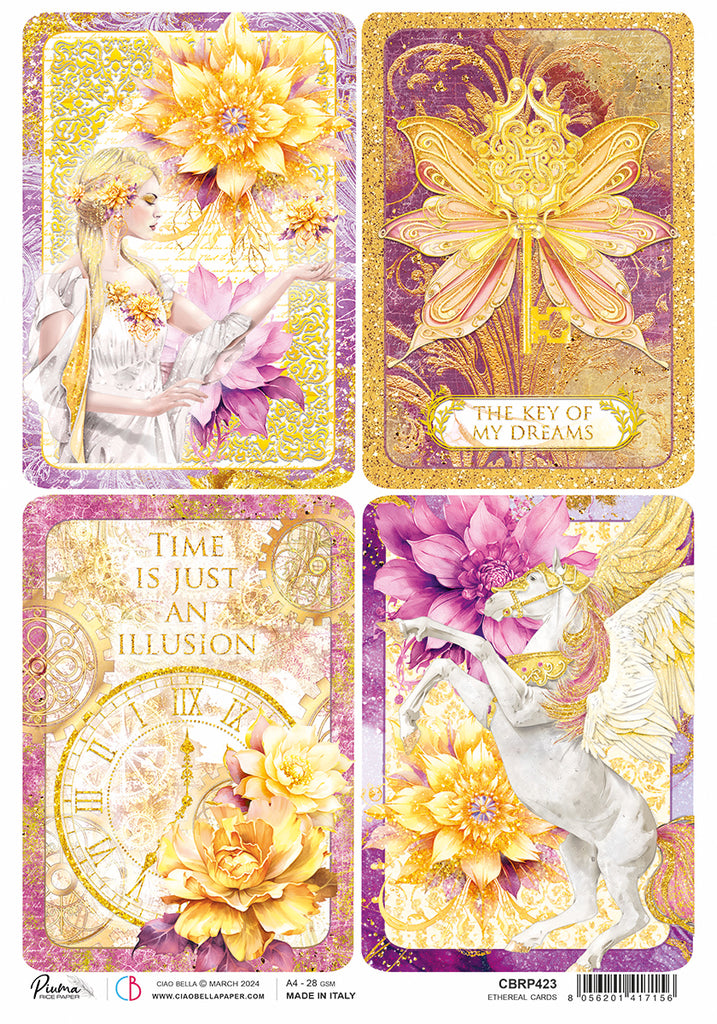 4 images pink and yellow flowers fairy key clock and pegasus rice paper from Ciao Bella