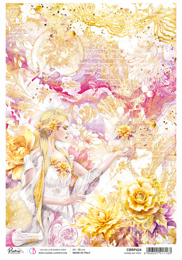 pink and yellow fairy with flowers on script background rice paper from Ciao Bella