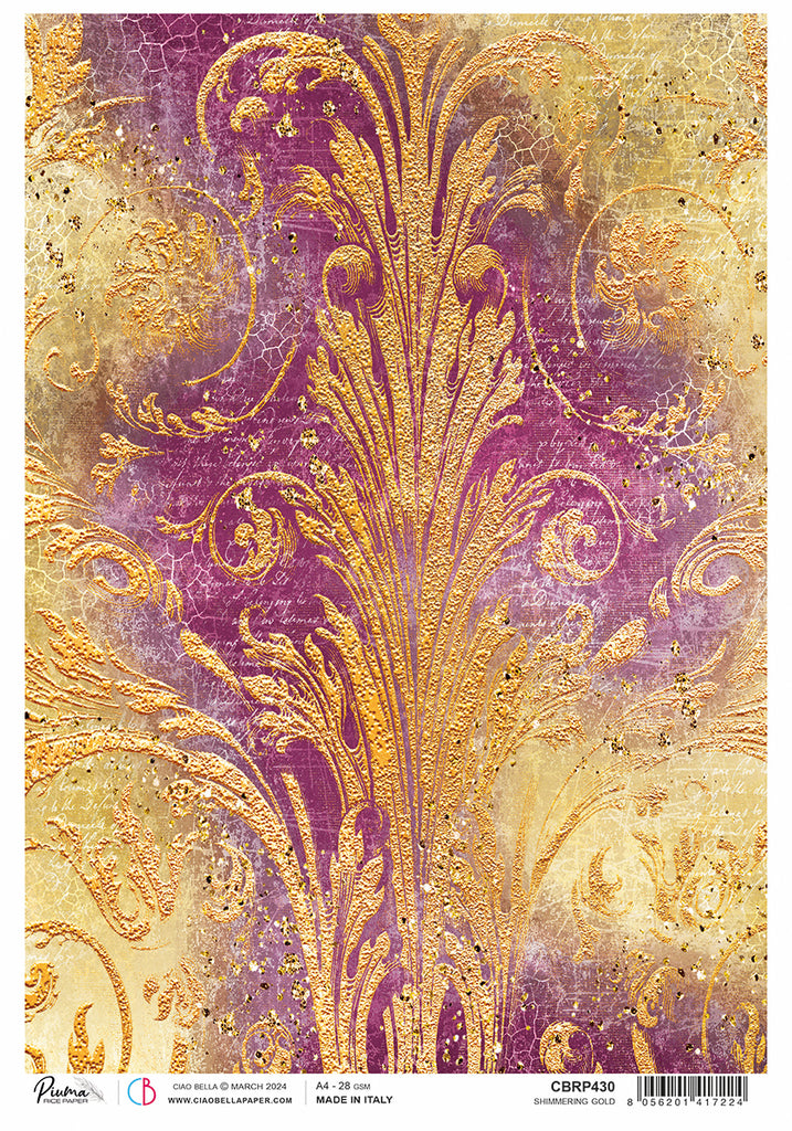 pink and gold flourish on crackle background rice paper from Ciao Bella