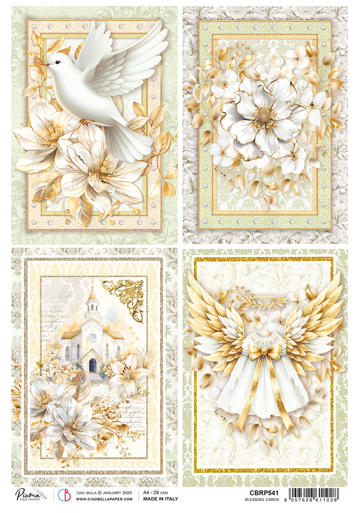 4 images white dove flowers church and angel on textured background rice paper from Ciao Bella