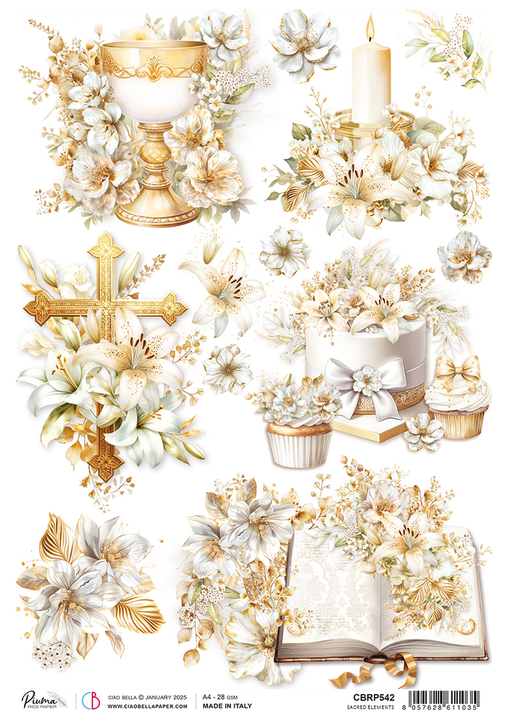 white lilies with religious icons cross bible and chalice rice paper from Ciao Bella
