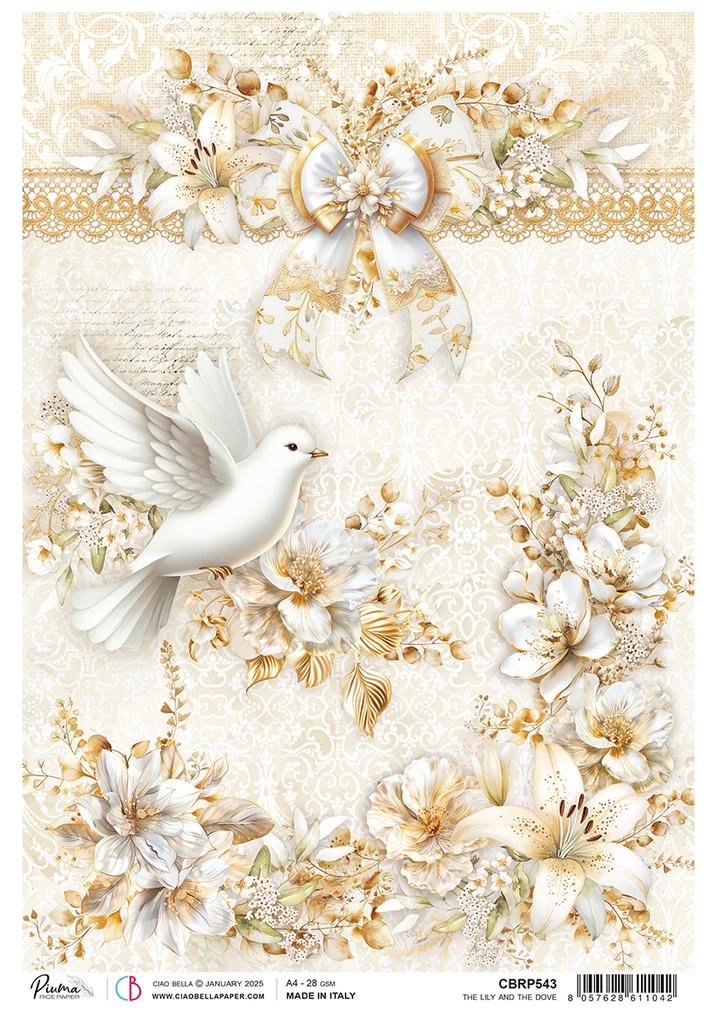 white dove with flowers and lilies on textured white background rice paper from Ciao Bella