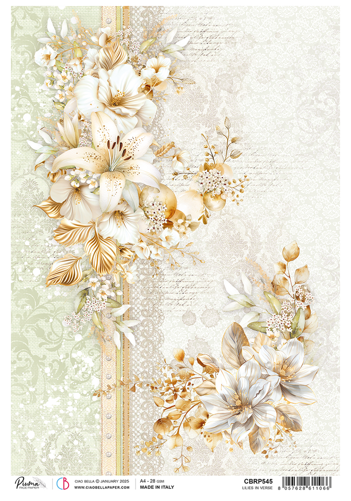 White lilies on textured script background rice paper from Ciao Bella