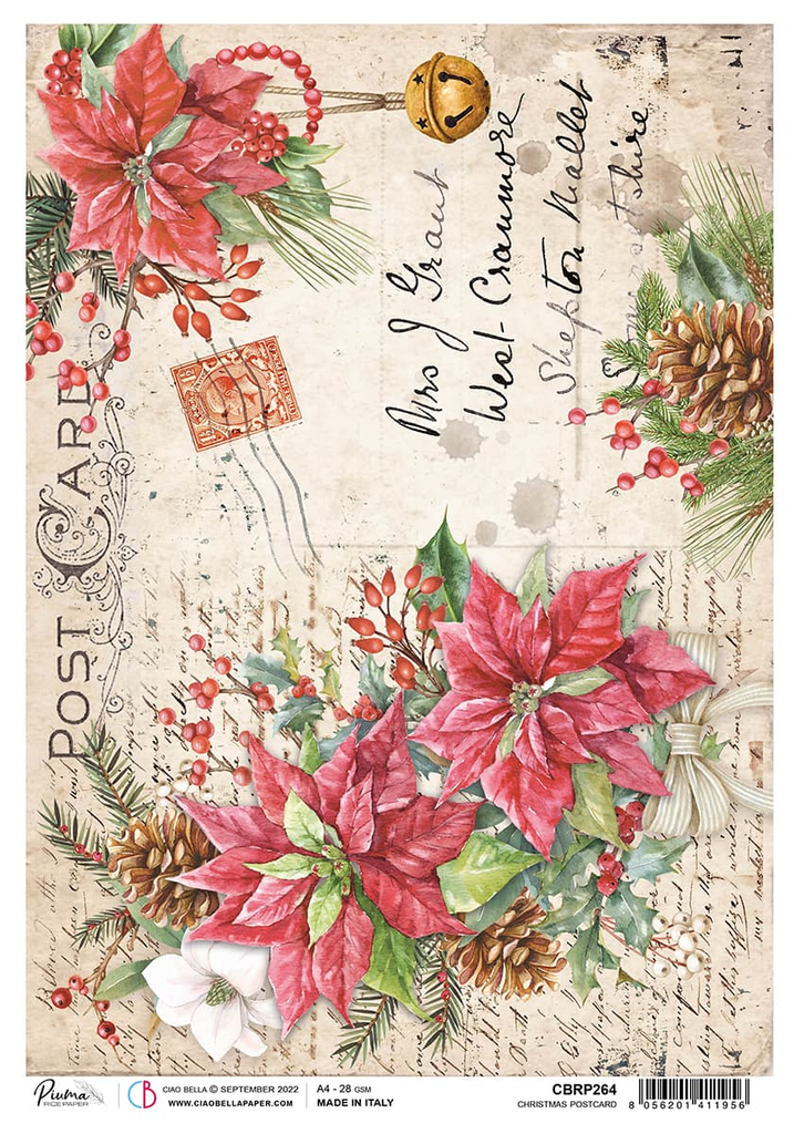 christmas post card with poinsettias A4 Rice paper for Decoupage