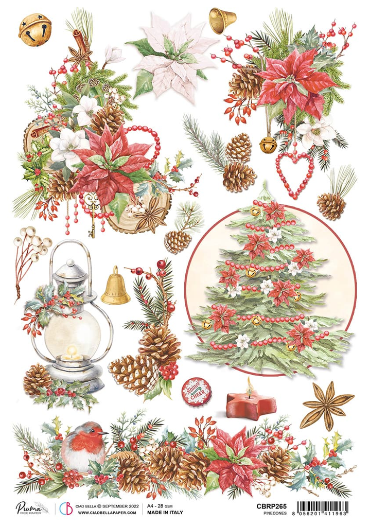 Christmas theme images with pinecones, Christmas trees, poinsettias and lantern A4 Rice paper for Decoupage 