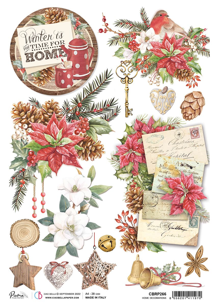 hot chocolate poinsettias red birds pinecones and letters A4 Rice paper for Decoupage