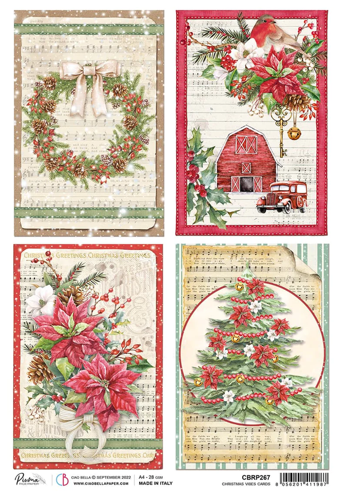 4 card of musical script with mistletoe wreath , red barn with poinsettia and Christmas tree A4 Rice paper for Decoupage 