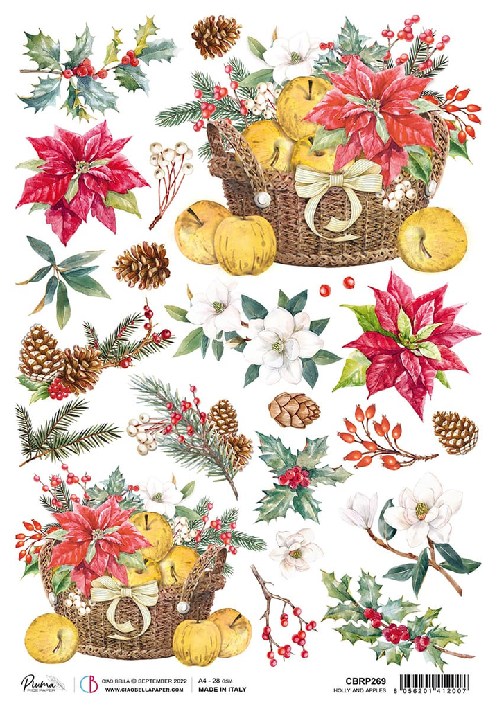 golden apples in baskets with poinsettias A4 Rice paper for Decoupage 