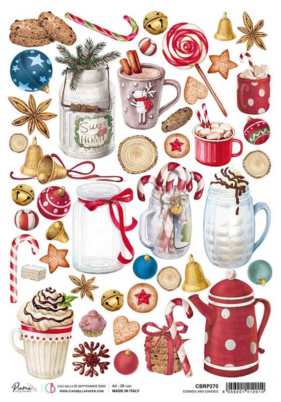 brown cookies, white cupcakes, red candy hot chocolate  A4 Rice paper for Decoupage