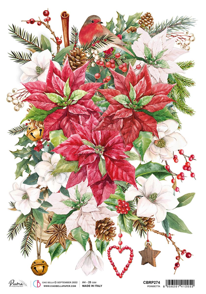 Christmas poinsettia and red bird with red heart ornament A4 Rice paper for Decoupage 