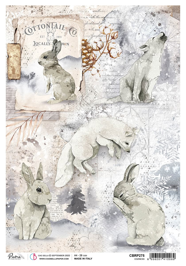 white rabbits and white foxes in winter snow A4 Rice paper for Decoupage