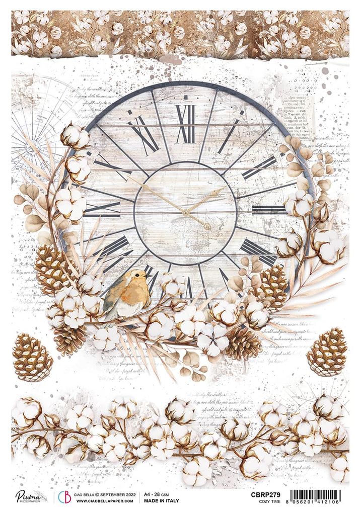 Clock with roman numbers on white background with brown script and brown pinecones A4 Rice paper for Decoupage