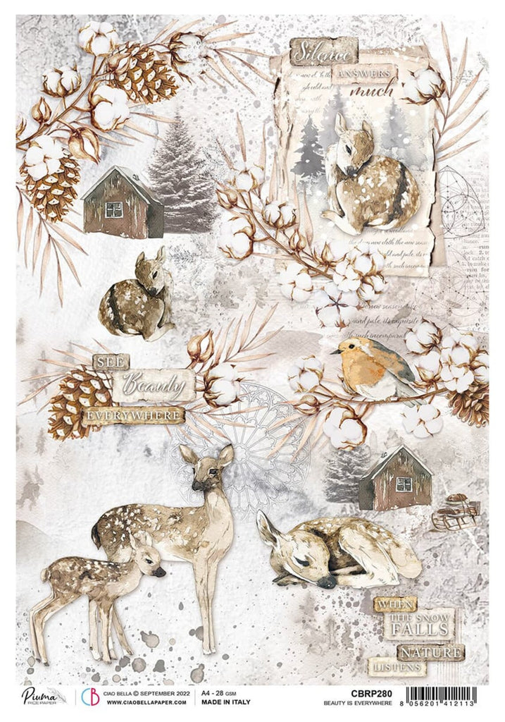 baby deer in winter near a cabin in the snow with pinecones A4 Rice paper for Decoupage