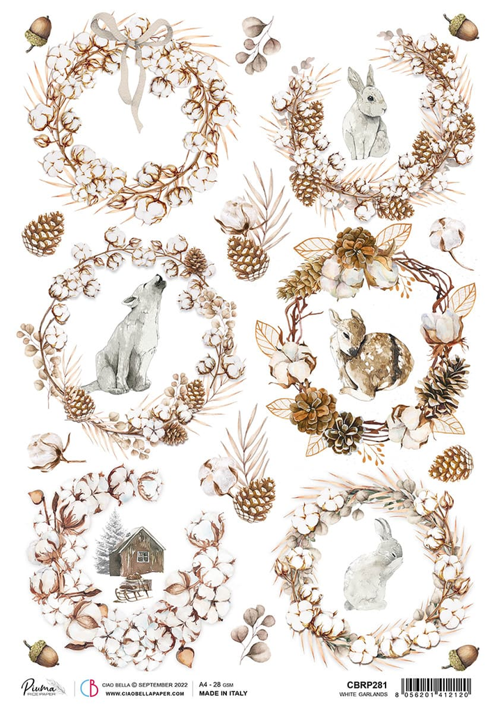 Circlets of brown vine and pinecone wreaths with animals and farm in the snow A4 Rice paper for Decoupage