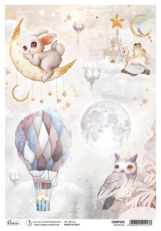 fairy animals sleeping on moon and hot air balloons and gray owl A4 Rice paper for Decoupage