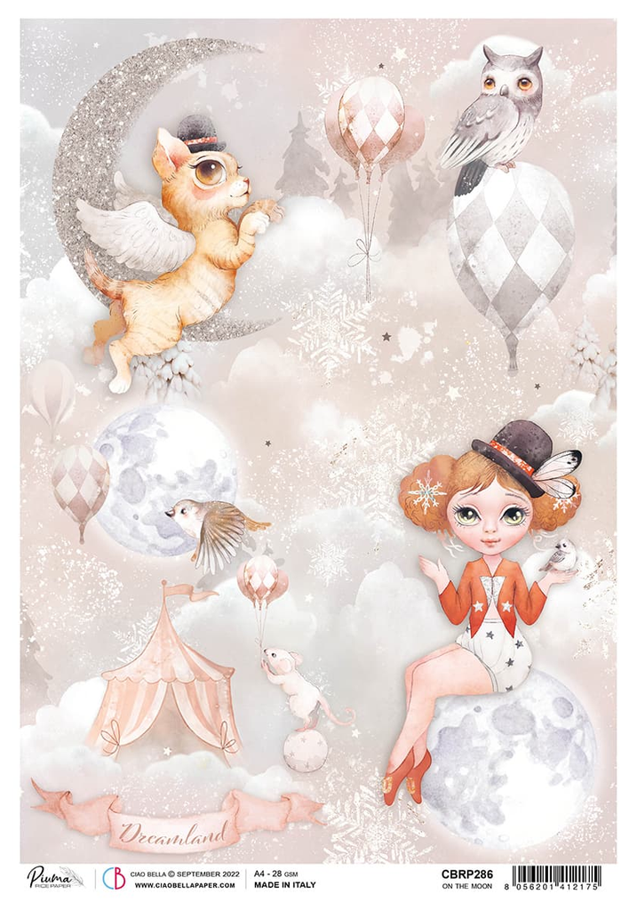 fairy animals and red fairy siting on the moon and gray owl A4 Rice paper for Decoupage