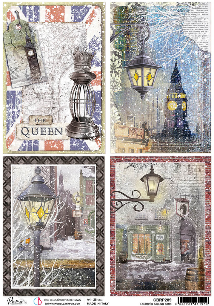 4 cards of chess queen, big Ben in the snow at night, and lamp posts A4 Rice paper for Decoupage