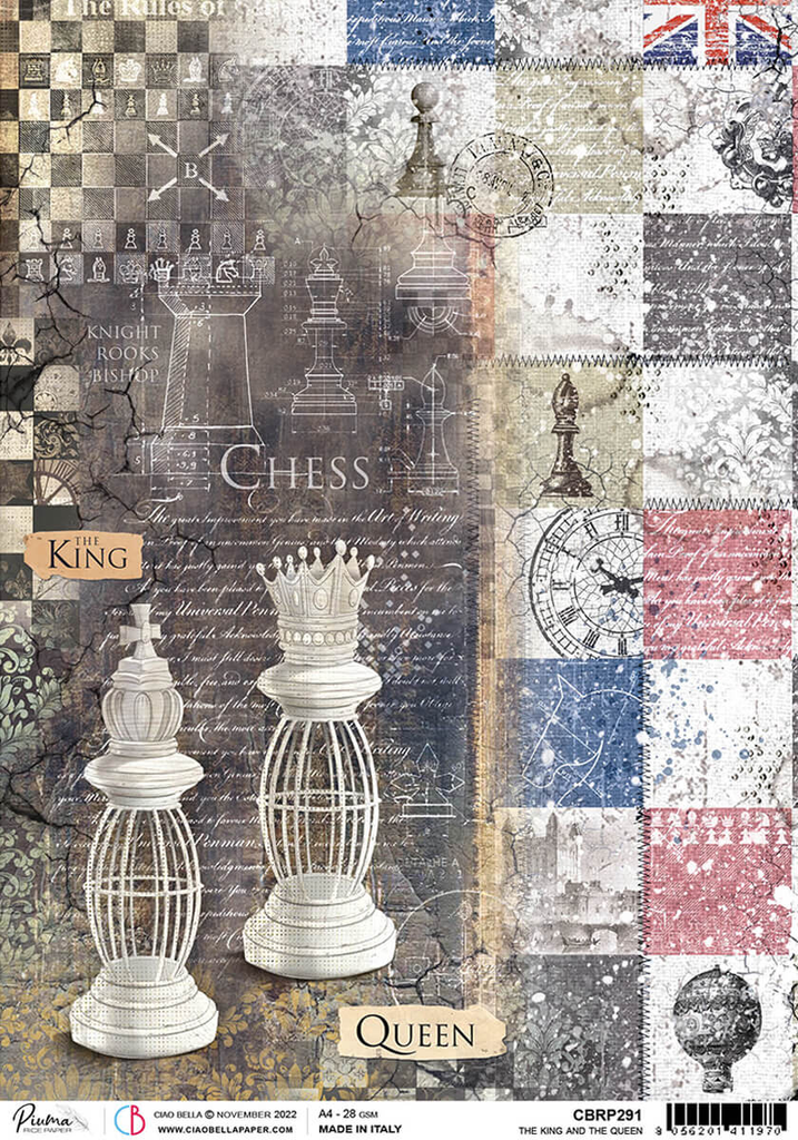 images of chess pieces on brown script and red and blue squares A4 Rice paper for Decoupage