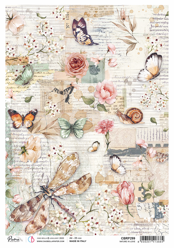 Dragonfly butterflies and roses on scraps of script A4 Rice paper for Decoupage