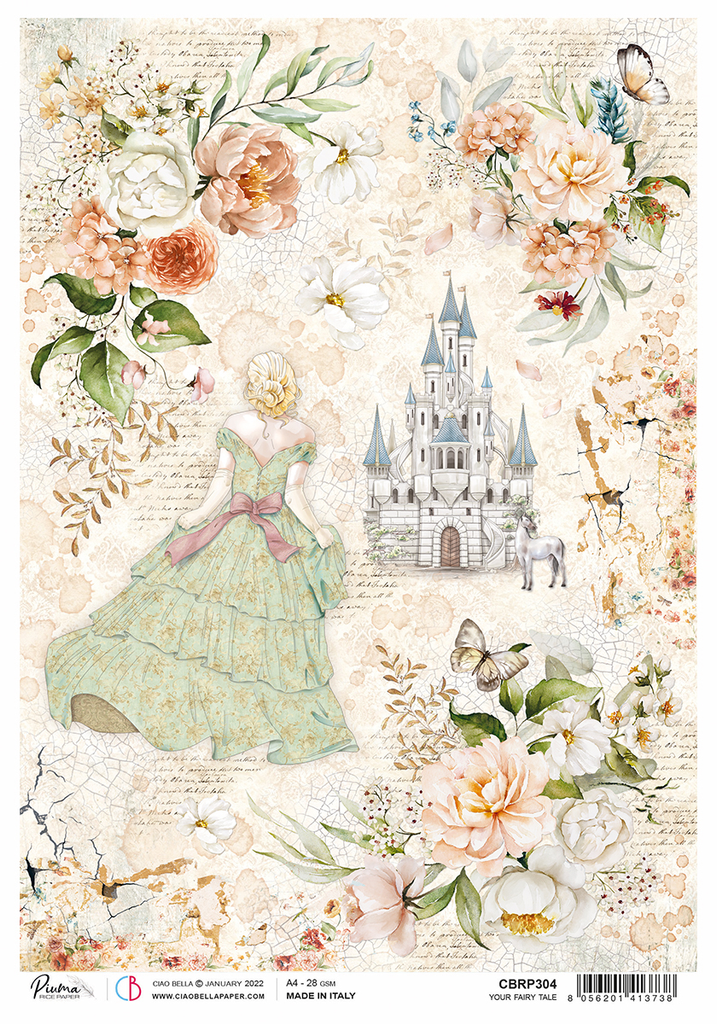 Fairytale Castle and young girl in green dress with red and white roses A4 Rice paper for Decoupage