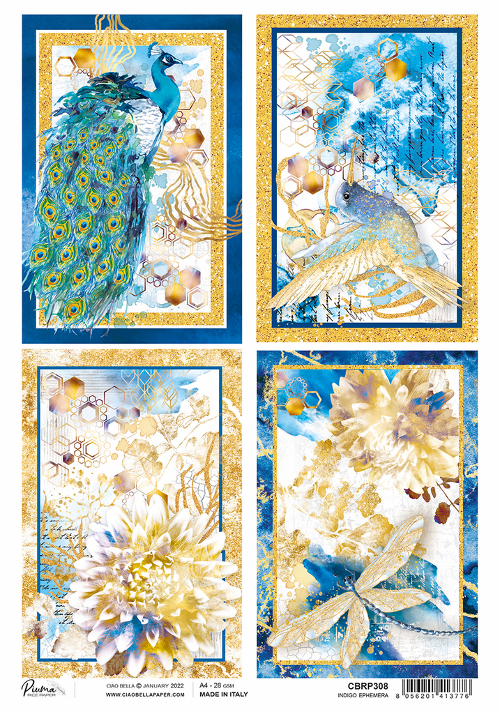 4 cards with Blue Peacock, blue dragon fly with gold wings A4 Rice paper for Decoupage