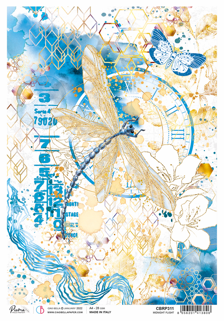 Blue dragonfly  and blue and white moth on tan and white paper with clock symbols A4 Rice paper for Decoupage