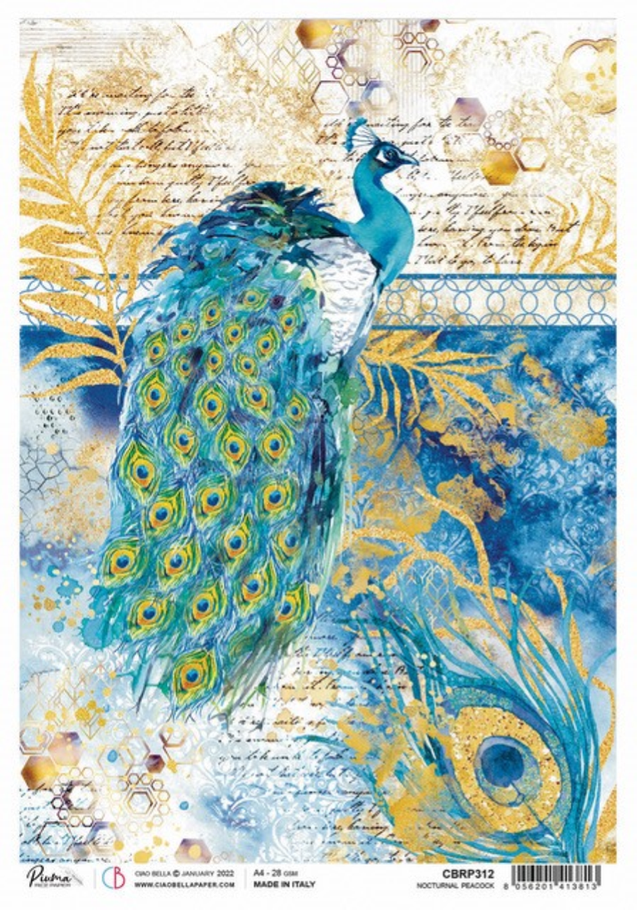 blue and purple peacock with tan script and blue swirls A4 Rice paper for Decoupage