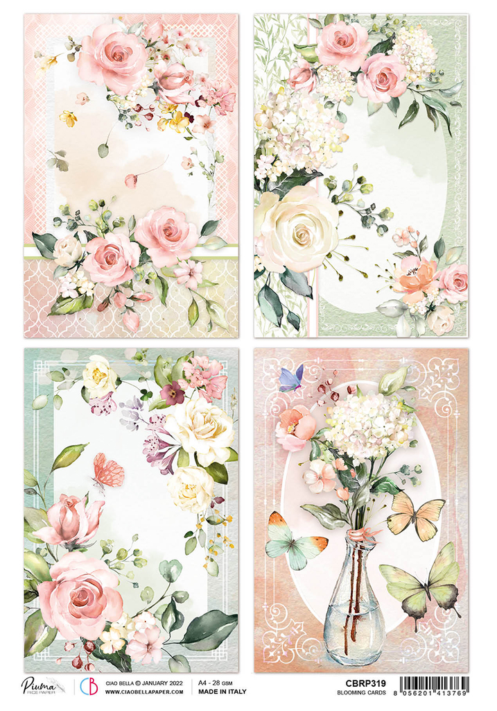 4 cards of beautiful pink and white roses in bouquets and wreaths A4 Rice paper for Decoupage 