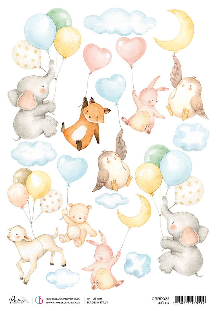 Baby animals with yellow pink and blue balloons Red hearts and yellow moons A4 Rice paper for Decoupage