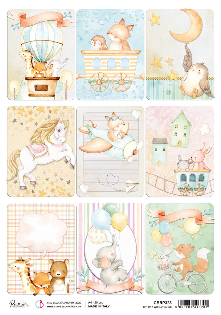 9 card baby animals with balloons and trains A4 Rice paper for Decoupage