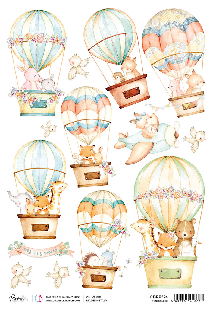 fluffy rabbits and jungle animals flying in hot air balloons A4 Rice paper for Decoupage