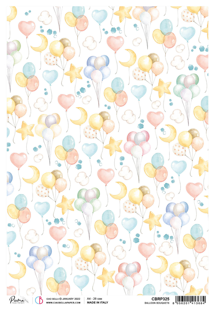blue and pink balloons with red heart and yellow stars A4 Rice paper for Decoupage