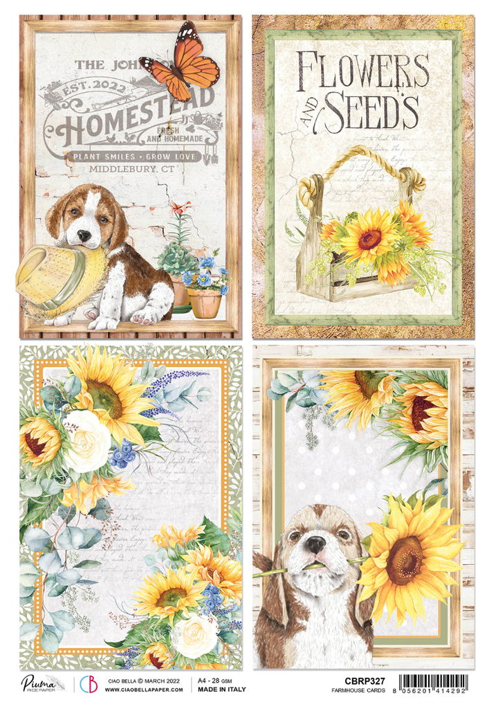 4 cards with brown and white puppies and yellow sunflowers A4 Rice paper for Decoupage