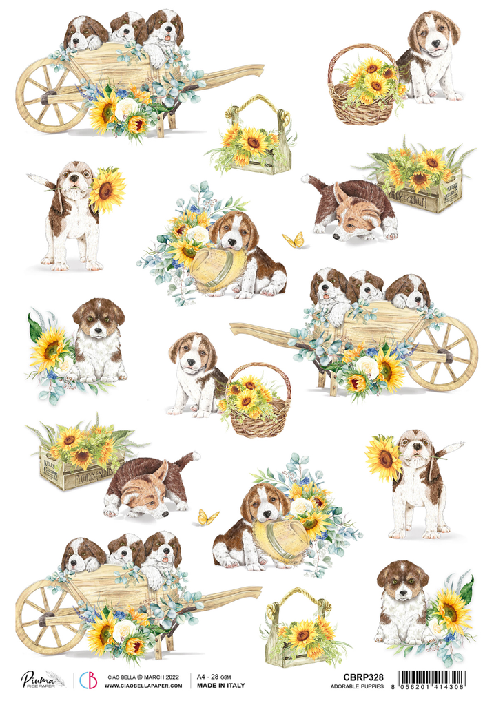 collage of beagle puppies in flower carts with sunflowers A4 Rice paper for Decoupage