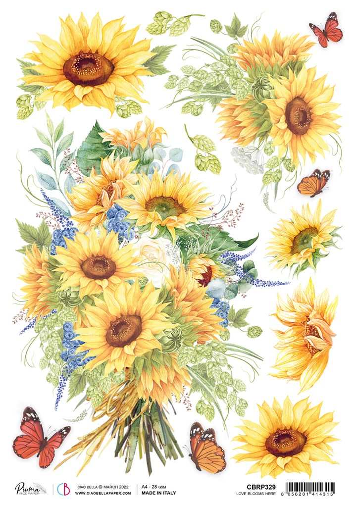 yellow sunflowers and orange butterfly A4 Rice paper for Decoupage