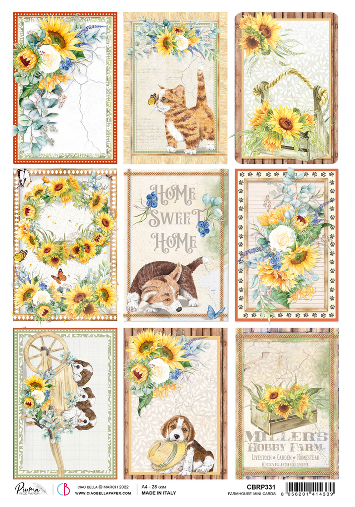 mini cards of farm scenes of yellow sunflowers, yellow cat puppy and dog with yellow hat A4 Rice Paper for Decoupage