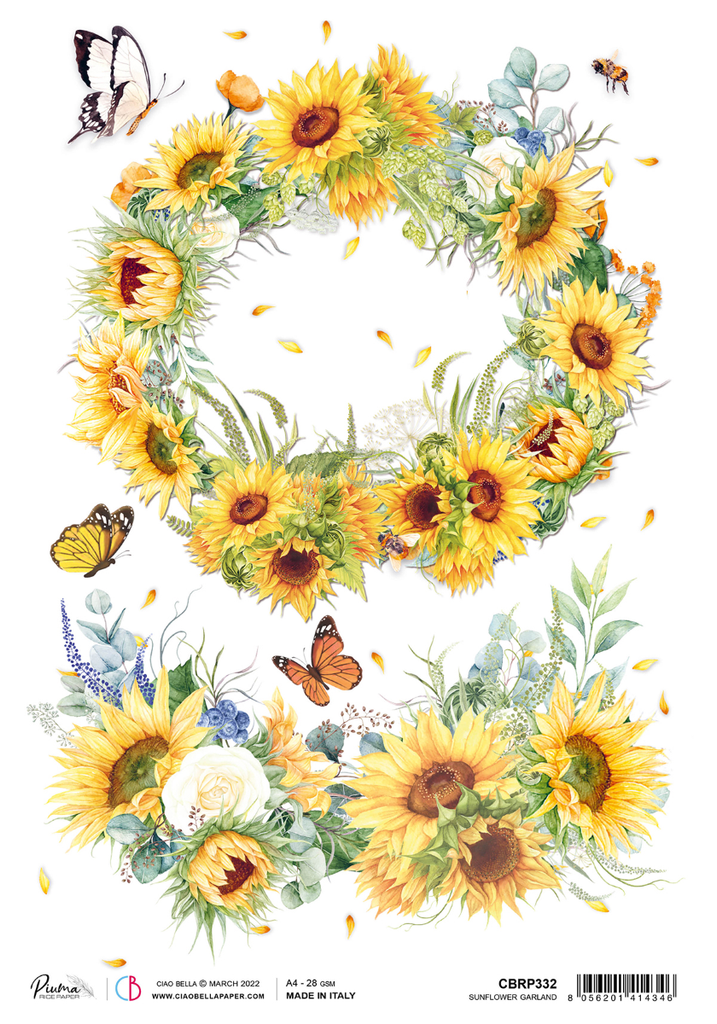 wreath of yellow sunflowers surrounded by orange and white butterflies A4 Rice Paper for Decoupage