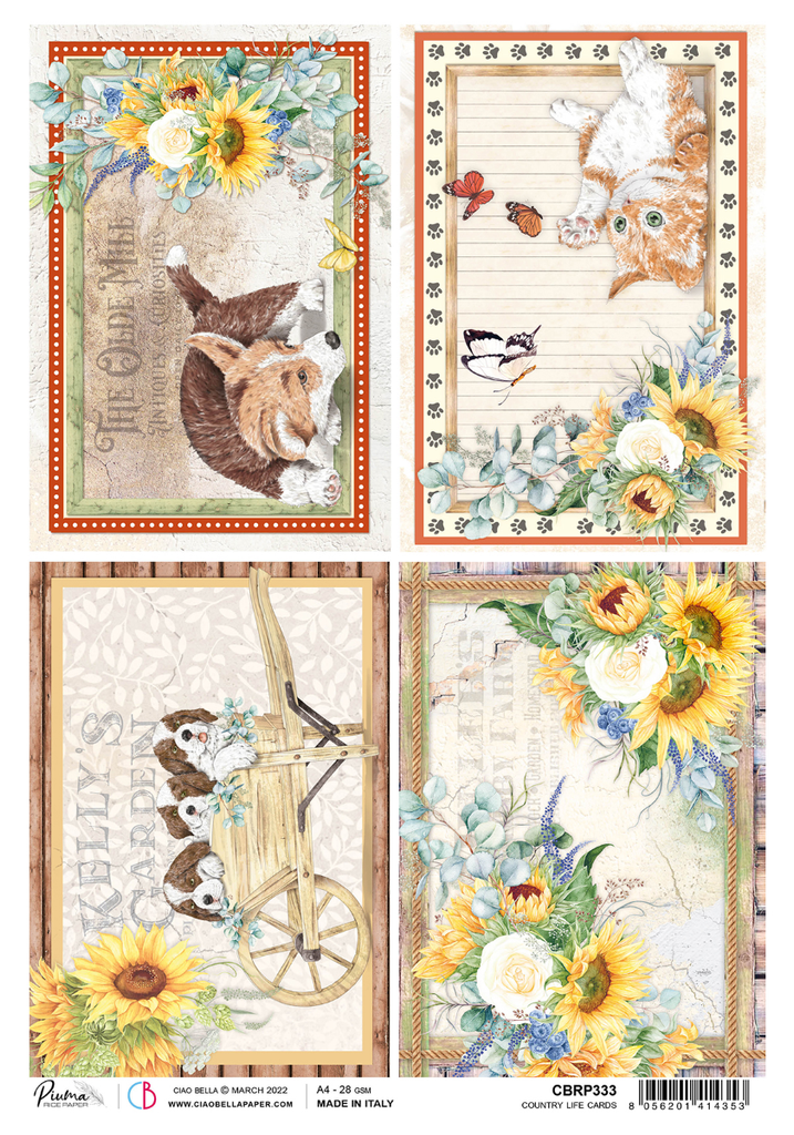puppies sleeping in a wheelbarrow and kitten pawing orange and red butterflies A4 Rice Paper for Decoupage 
