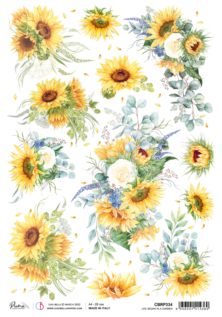 sunflowers and white buds A4 Rice Paper for Decoupage
