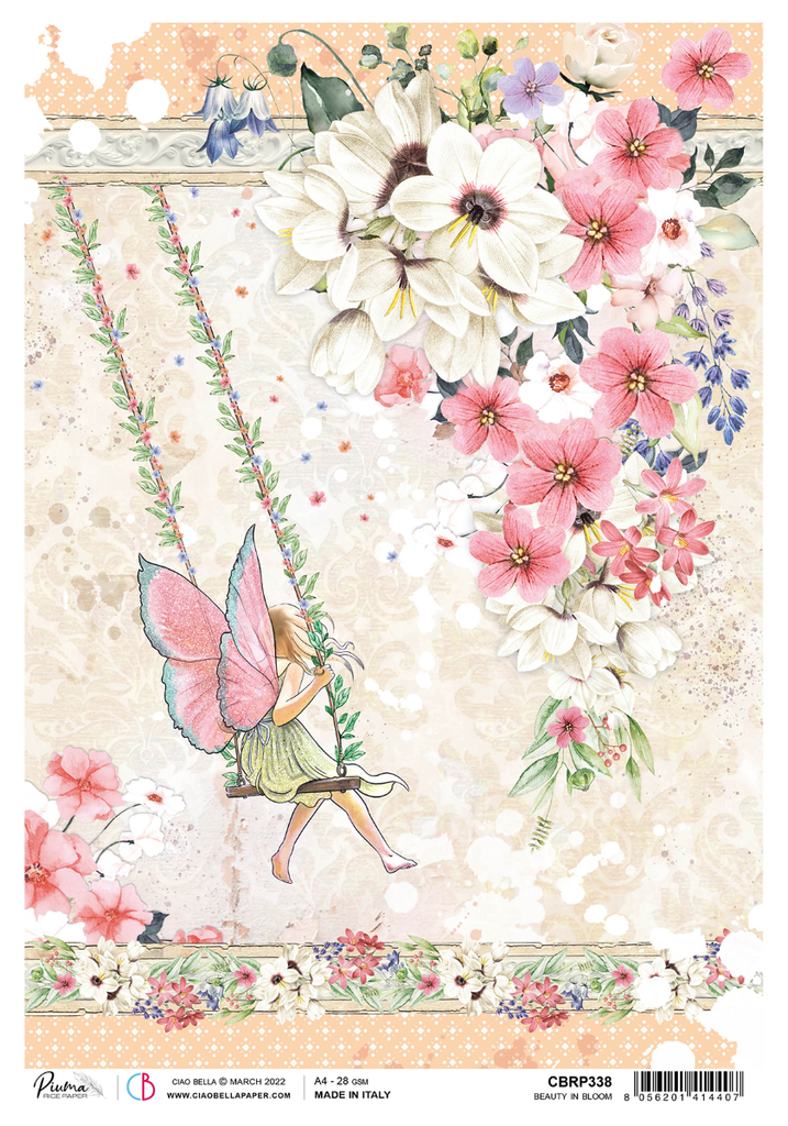 fairy in green dress with pink wings swinging under white and pink flowers A4 Rice Paper for Decoupage