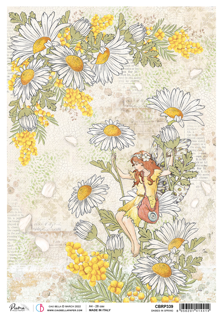 yellow fairy with white and yellow sunflowers A4 Rice Paper for Decoupage